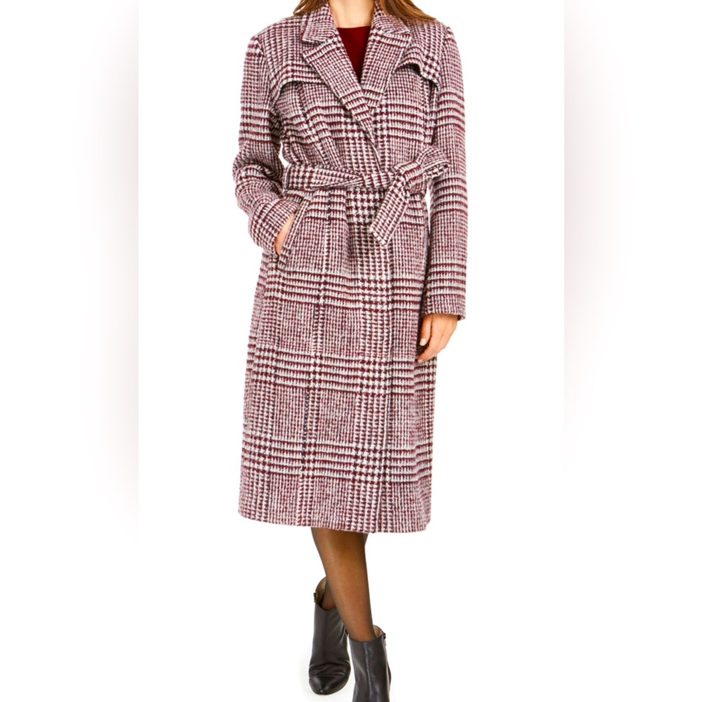 NWT Brand New Cole Haan Signature Wool Blend Maxi Plaid Belted Coat